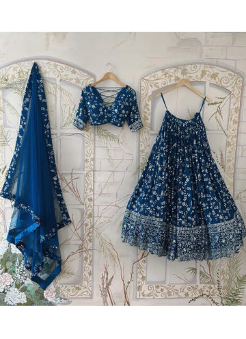 Party wear Dark blue georgette lehenga with elegant thread and sequin work